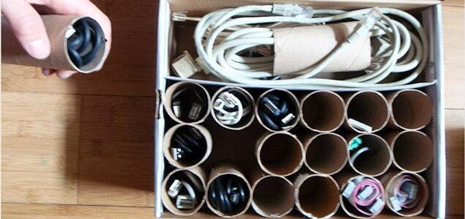 You can organize cables inside of empty toilet paper rolls.