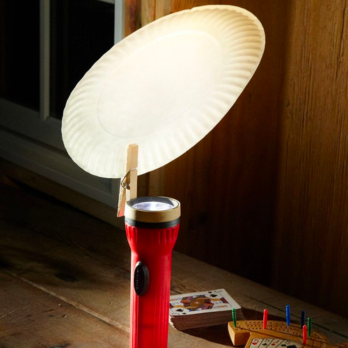 Use a paper plate and clip to boost your flashlight beam in the dark.