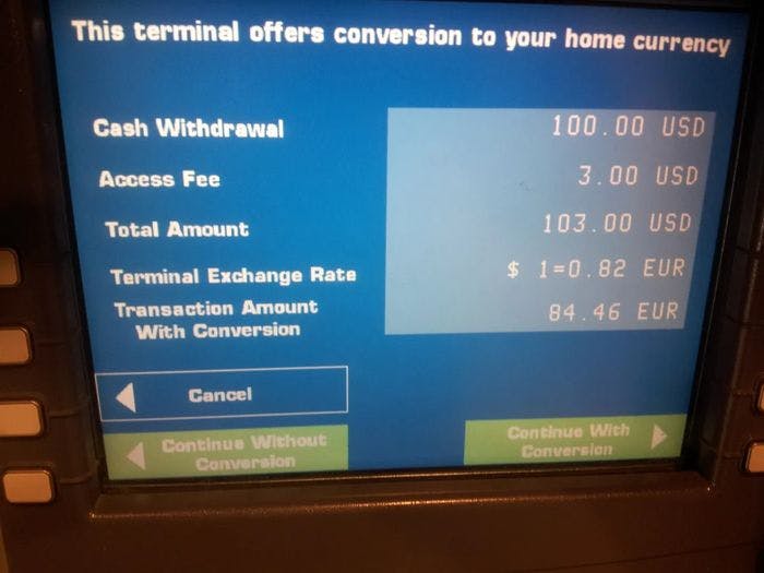 When using an ATM in a foreign country with a different currency, DECLINE the currency conversion.
