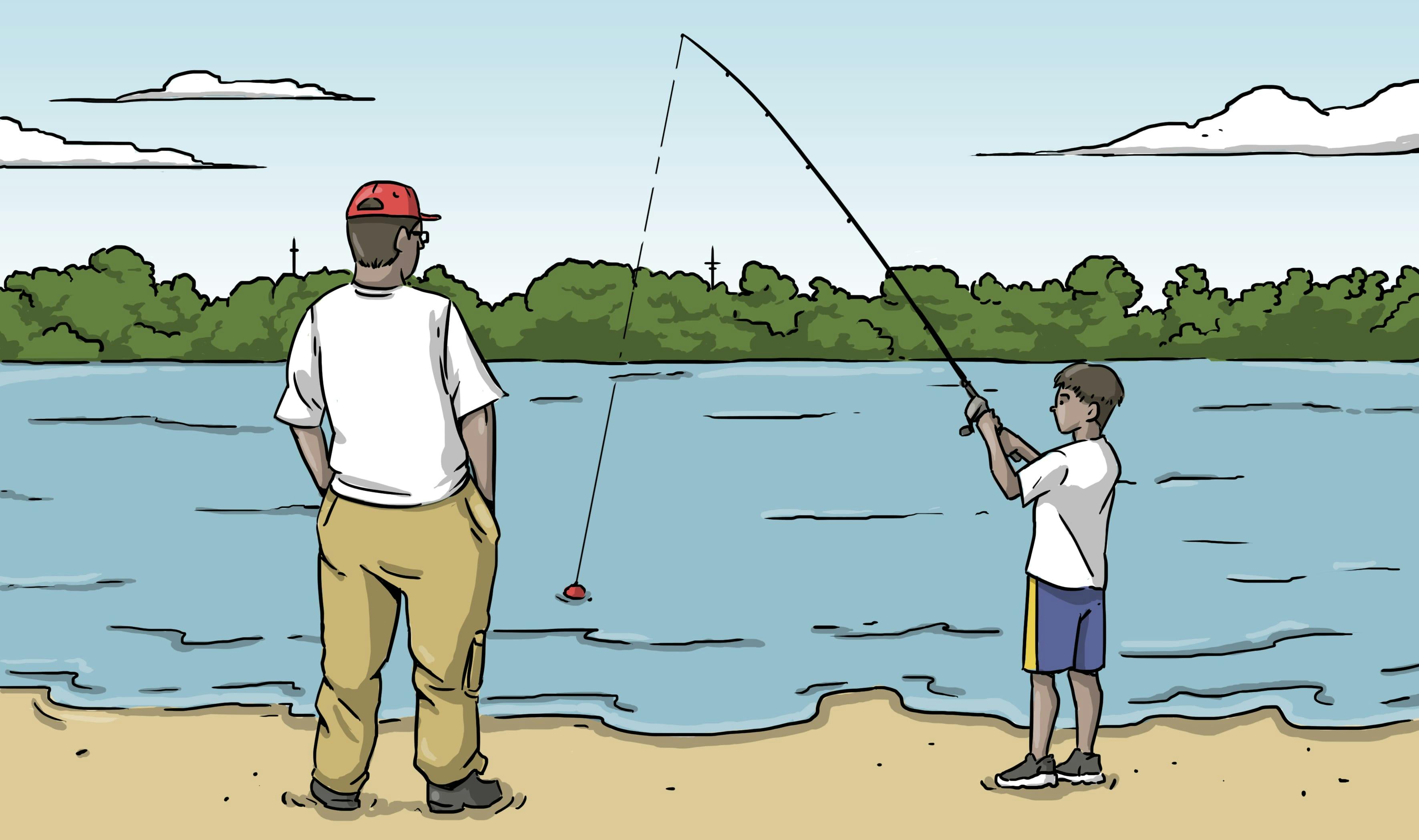 A son learning how to fish from his father.