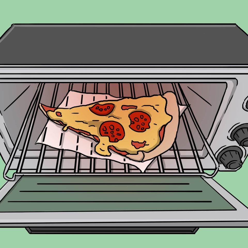 Reheat cold pizza in a toaster oven