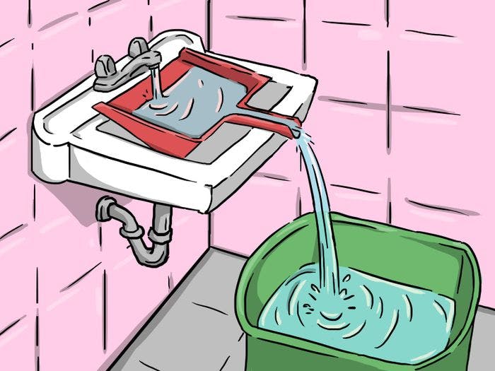 A dustpan can be used to drain water out of a small sink into a larger bucket.