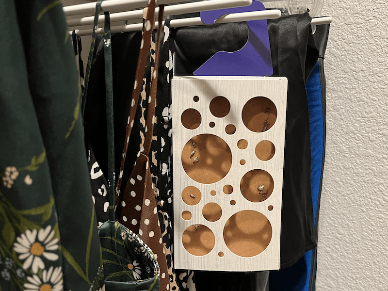 Moth Prevention® hanging pheromone traps can be easily placed in between your clothes within your closet.