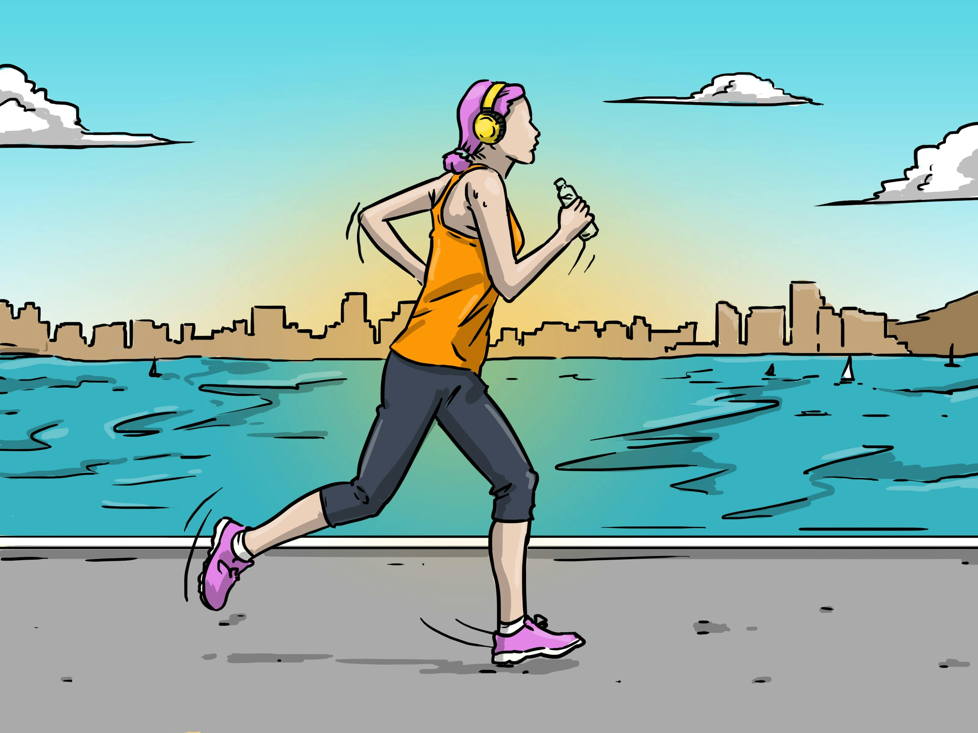 A woman takes a break from her work from home routine to go for a run, balancing the demands of her job and her personal well-being.
