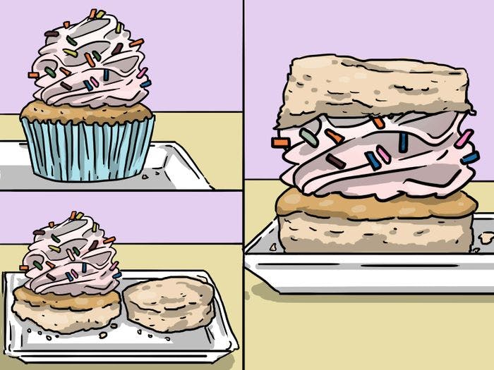 Maintain the perfect ratio when eating a cupcake, by cutting half of the cake and putting it on top