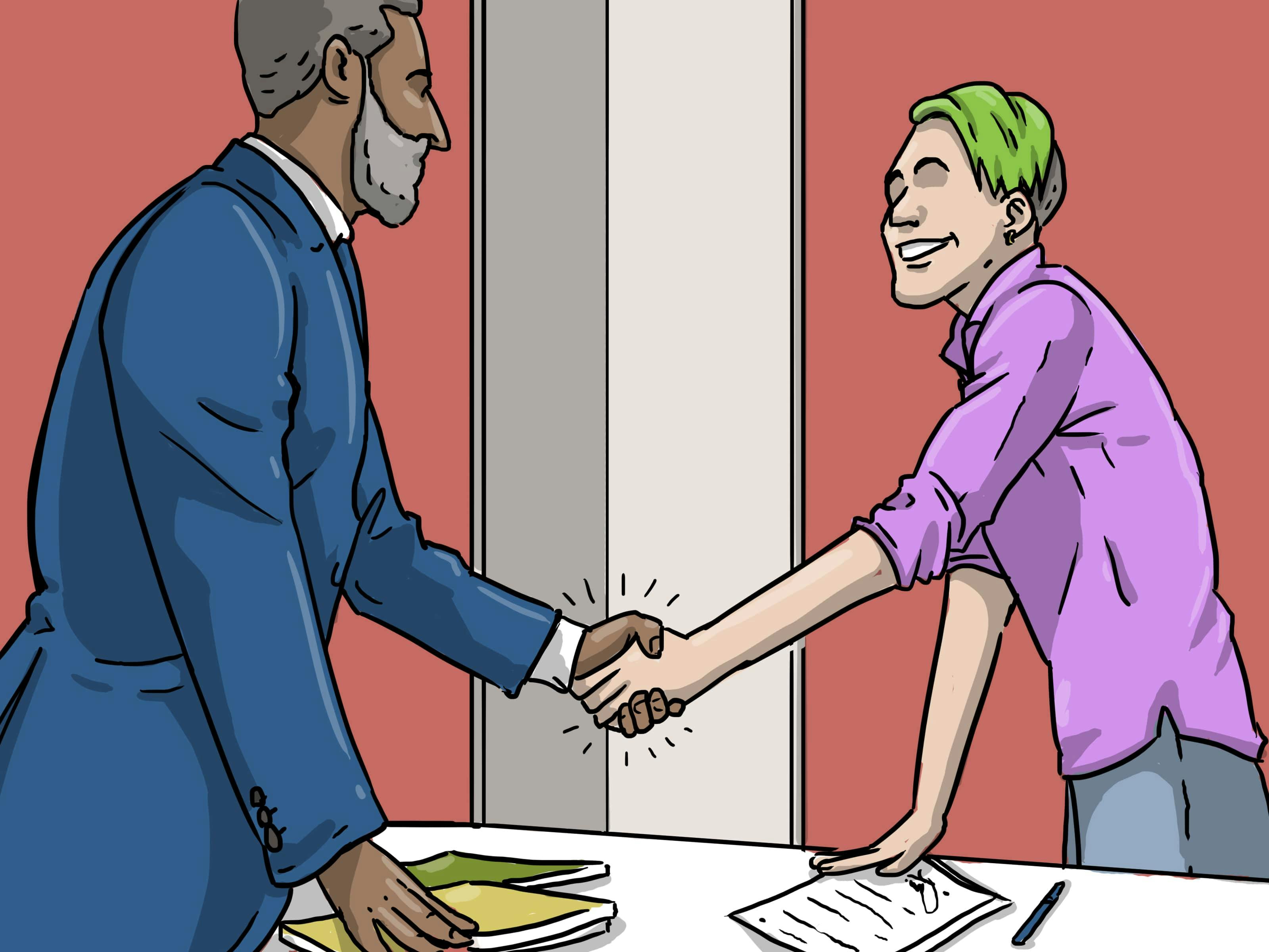 A firm handshake seals the deal after a successful salary negotiation.